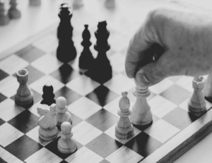 A Black and White photo of a chess board.